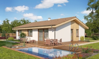 Masonry family house project for a narrow plot with a gable roof. Prepared in 3D reality with placement on the plot.